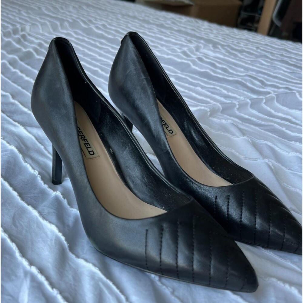 Karl Lagerfeld Paris Roulle Quilted Pointed Toe Pumps Black Women 7.5 Heels